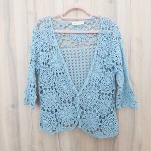 VTG Newport News Womens Crochet Cardigan Size L/XL Blue Boho Cottage Coastal